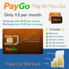 T-Mobile PayGo $3/month Pay As You Go SIM Card $0.05 Talk/Text 60 credits/month