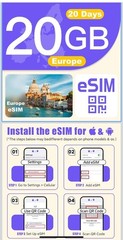 Europe eSIM 20 Days for 30+ Countries | 2GB Daily High-Speed 4G LTE + Unlimited