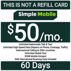 Simple Mobile Prepaid $50 Plan For 60 DAYS Unlt’d Talk/Text/Unlt’d high-speed da