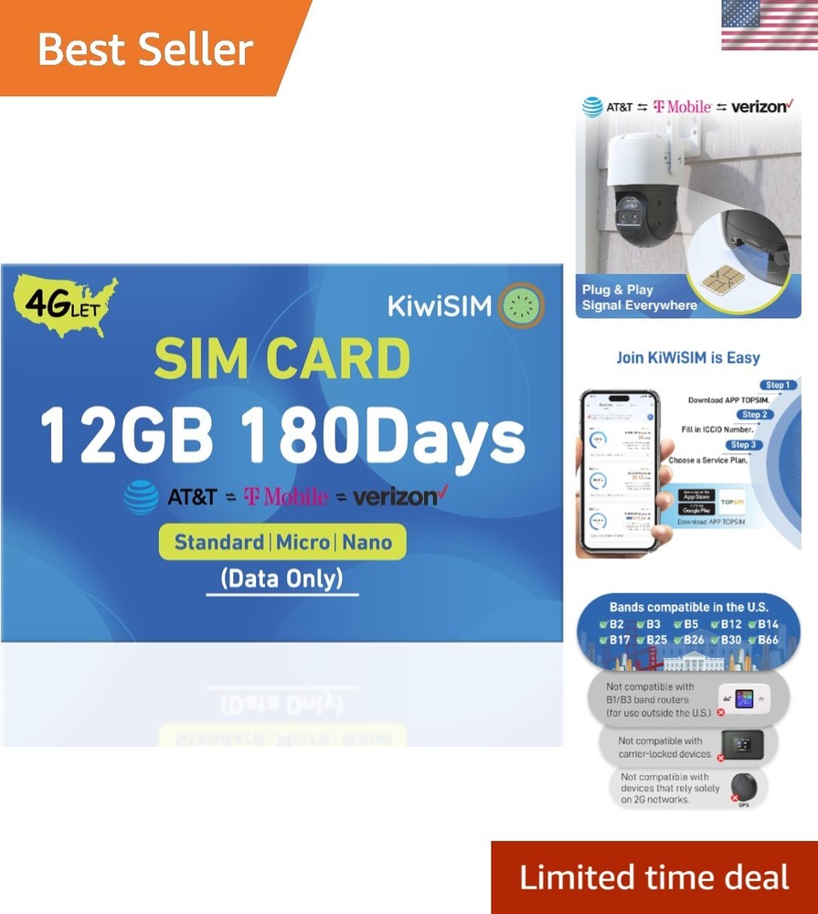 Data SIM Card 12GB 180 Days, 4G LTE SIM Card Support for AT&T, T-Mobile and V…