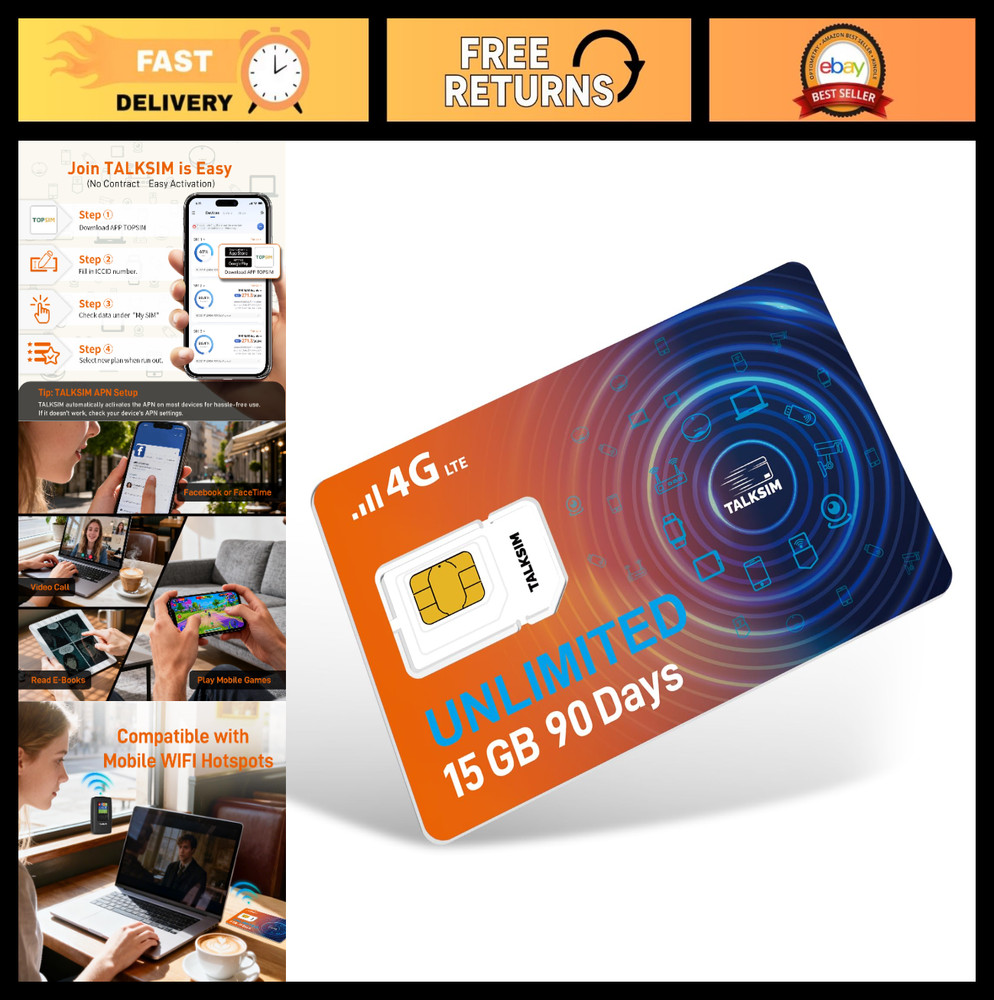 Unlimited Data SIM Card 90 Days | 15GB High-Speed 5G LTE | No Contract, Works wi