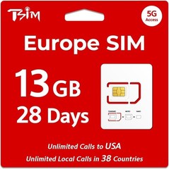 SIM Card: 13GB Data + Unlimited Local Calls in 38 Countries for 28 Days