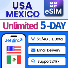 USA & Mexico eSIM Unlimited High-Speed Data 5 Days JetSim Digital Travel eSIM