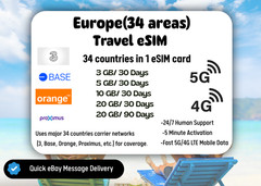 Europe (34 countries)Travel eSIM Card,3-20GB,30-90Days,QR Code,Same Day Delivery
