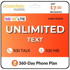 SpeedTalk SIM Card Unlimited Text 500 Talk & Data Phone Prepaid Plan $7.50/Mo.