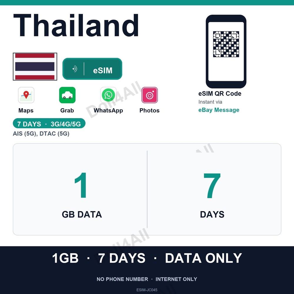 Thailand eSIM 1GB 7Day Instant QR 5G Data Only Travel No Plastic SIM