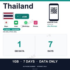 Thailand eSIM 1GB 7Day Instant QR 5G Data Only Travel No Plastic SIM