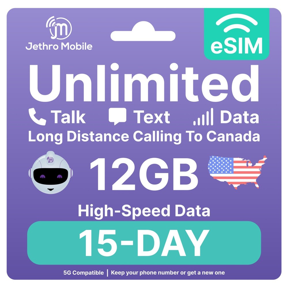 Jethro Mobile Prepaid eSIM USA 15 Days Unlimited Talk, Text, & 12GB High-Speed