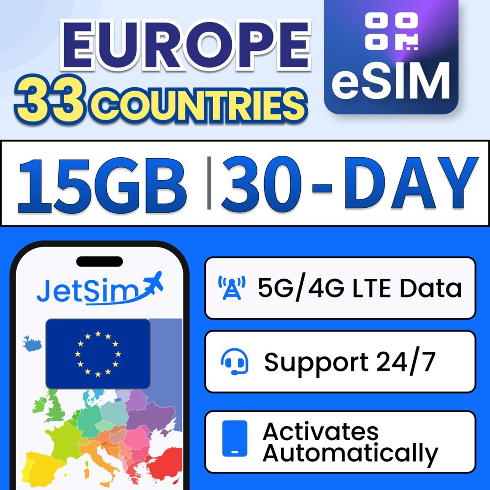 JetSim Europe eSIM (30 Days), 15GB High-Speed Data, Travel in 33 EU Countries