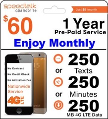 $5/Mo. SpeedTalk Prepaid SIM Card Kit No Contract 1Yr. Wireless Smart Phone Plan