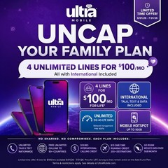 Ultra Mobile 4 Lines for $100 Unlimited Plan w/ International & Mexico Data