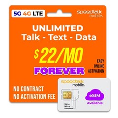 SpeedTalk Mobile $22 Unlimited Talk, Text, Data Plan, 5G/4G LTE eSIM & SIM Kit