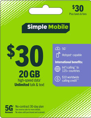 Simple Mobile ESIM Activation $30 Plan Unl Talk,Text & 20 GB Of Data 30 Days