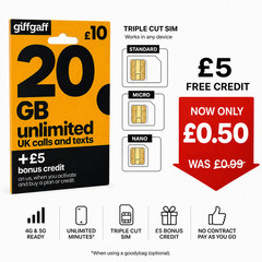 Giffgaff SIM Card Triple Cut Nano Micro Standard + FREE £5 Credit | 2G 3G 4G 5G
