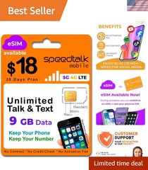 30-Day Prepaid Plan with 9GB Data, Unlimited Talk/Text & Universal SIM Card