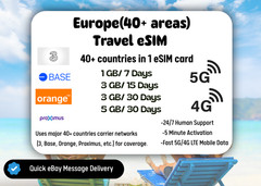 Europe (40+areas)Travel eSIM,1-5GB,7-30Days,QR Code,Same Day Delivery,Easy Setup