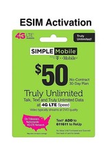 SIMPLE MOBILE eSim available $50 plan Truly unlimited with 5GB Hotspot