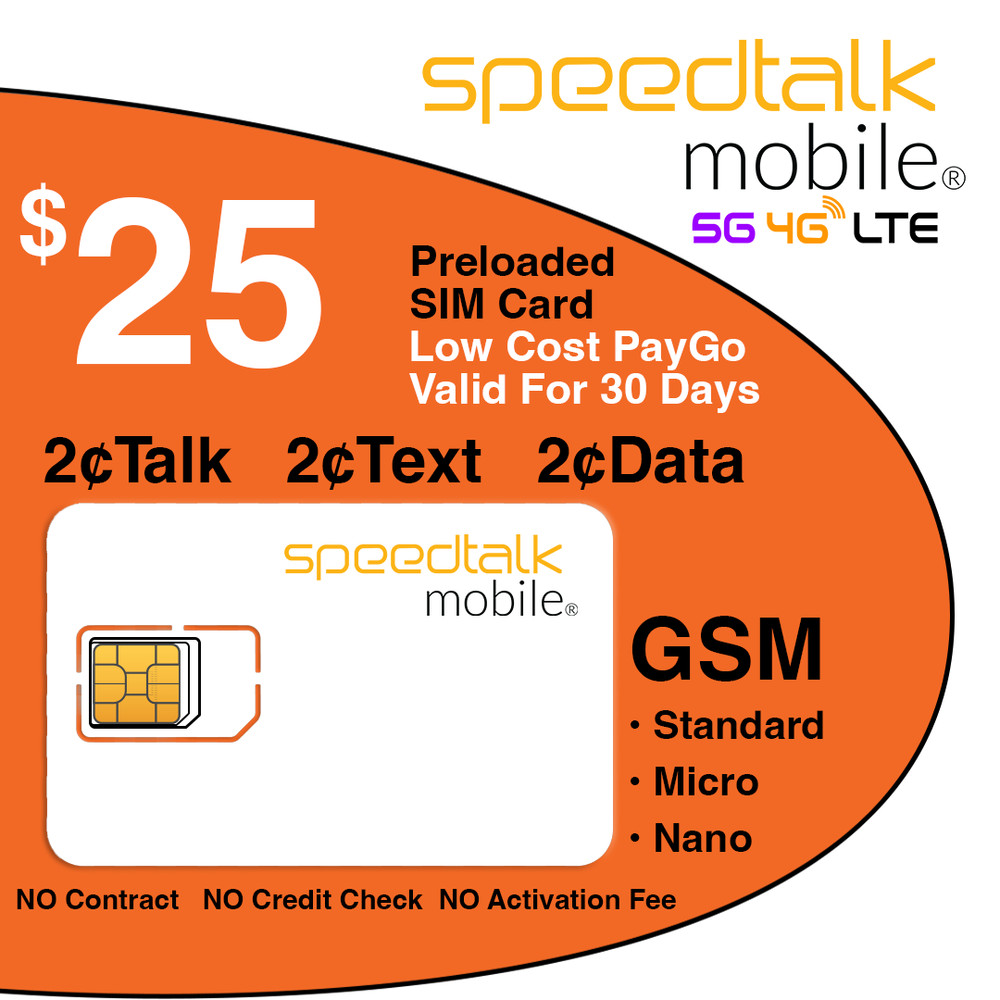 SpeedTalk Preloaded SIM Card Kit 2₵ Text Talk Data 5G 4G LTE 60 Days Phone Plan