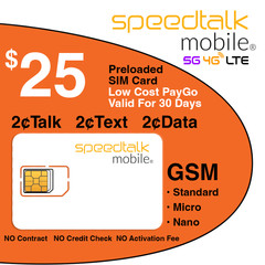SpeedTalk Preloaded SIM Card Kit 2₵ Text Talk Data 5G 4G LTE 60 Days Phone Plan