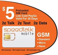 SpeedTalk Mobile $5 Smart Phone SIM Card 2¢ Talk Text Data 30 Days Service Plan
