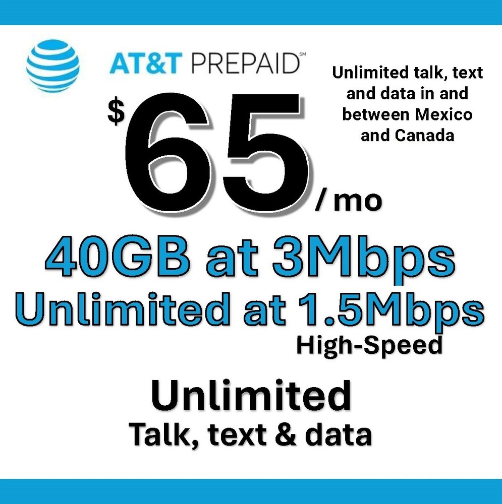 AT&T Prepaid $65 Plan – 30 days of service included / new account or port in