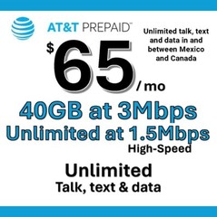 AT&T Prepaid $65 Plan – 30 days of service included / new account or port in