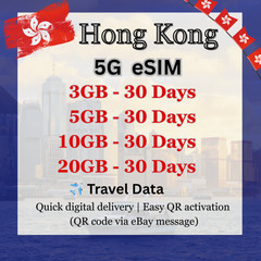 Hong Kong Travel eSIM|3GB-20GB|30Days|5G Data|QR Code via eBay message