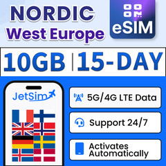 Nordic eSIM – 10GB High-Speed 15 Day Travel SIM Norway, Denmark, Finland, & More