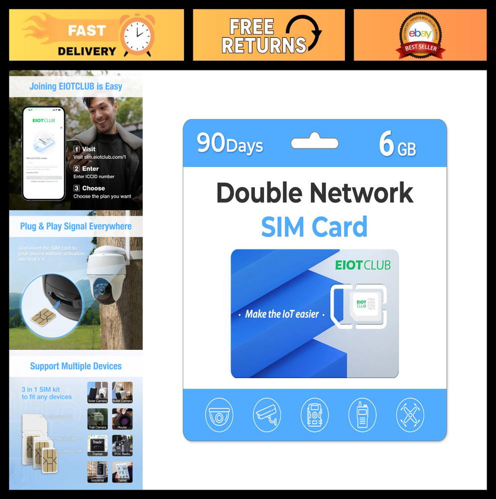 Data-Only SIM Card for Security Cameras & IoT Devices, 6GB 90-Day, Dual Network,