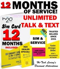 H2O H20 WIRELESS SIM ⭐ 12 MONTHS OF SERVICE ⭐ UNLIMITED T/T ⭐ TRUSTED DEALER