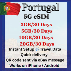 Portugal Travel eSIM|3GB-20GB|30Days|5GTravel Data|QR Code via eBay message