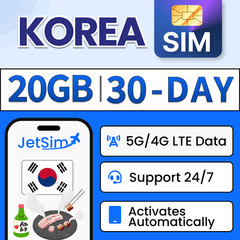 Korea SIM Card – 20GB High-Speed, 30 Day JetSim/Travel SIM