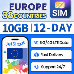 Europe Prepaid SIM Card 10GB Data 12 Days 38 Countries Travel SIM 5G LTE JetSim