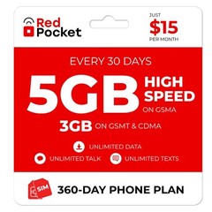 $15/Mo RedPocket Prepaid Plan: UnImtd Everything, GSMA 5GB(GSMT & CDMA 3GB)