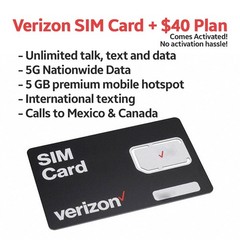 Verizon Sim Card + Unlimited Plan 30Days ($40 a Month)