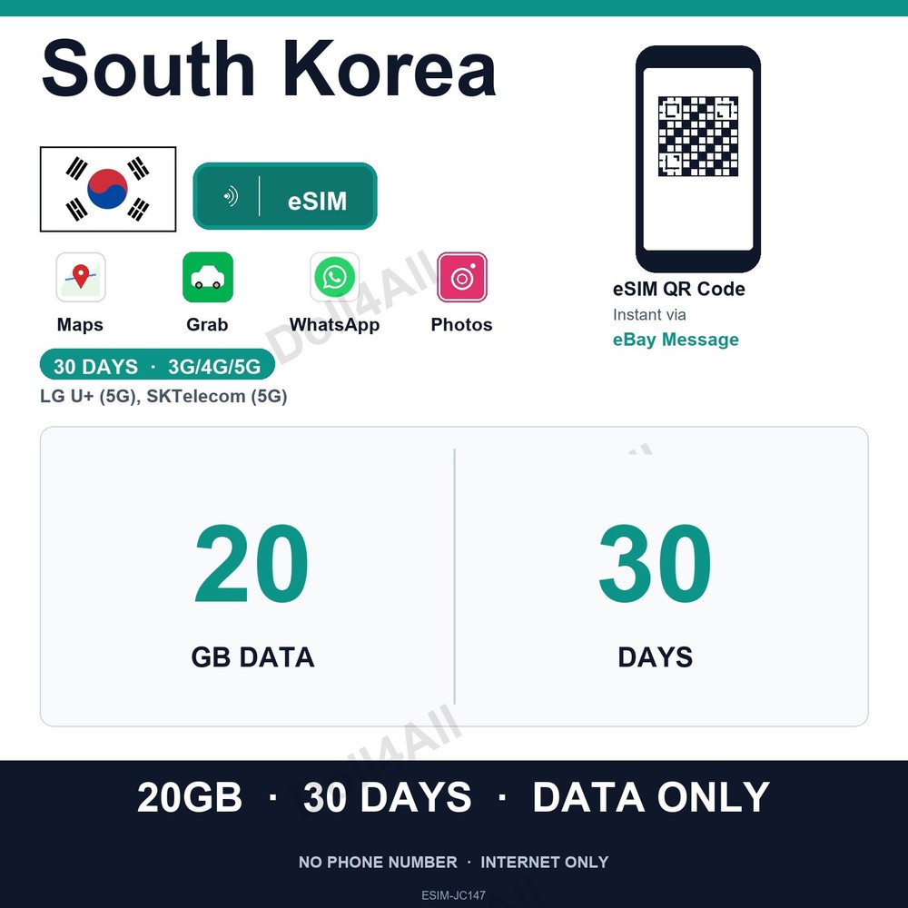South Korea eSIM 20GB 30Day Instant QR 5G Data Only Travel No Plastic SIM