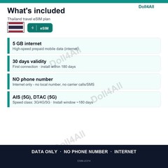 Thailand eSIM 5GB 30Day Instant QR 5G Data Only Travel No Plastic SIM