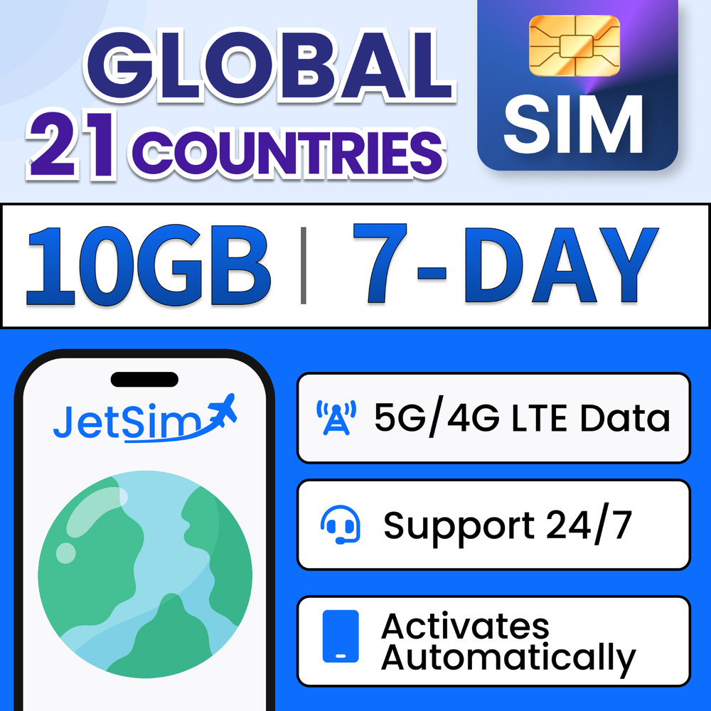 Global (USA, China, Italy, UK) Travel SIM Card 10GB High-Speed Data 7 Day JetSim