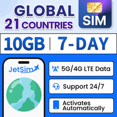 Global (USA, China, Italy, UK) Travel SIM Card 10GB High-Speed Data 7 Day JetSim
