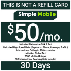 Simple Mobile Prepaid $50 Plan For 30 DAYS Unlt’d Talk/Text/Unlt’d high-speed da