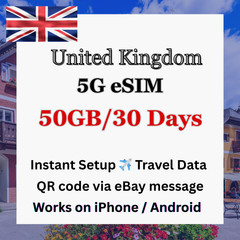 United Kingdom Travel eSIM|50GB-30Days| 5G|Quick delivery|QR code sent via eBay