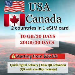 USA + Canada Travel eSIM | 10GB- 30Days | 20GB-30 Days |5G | Instant Digital