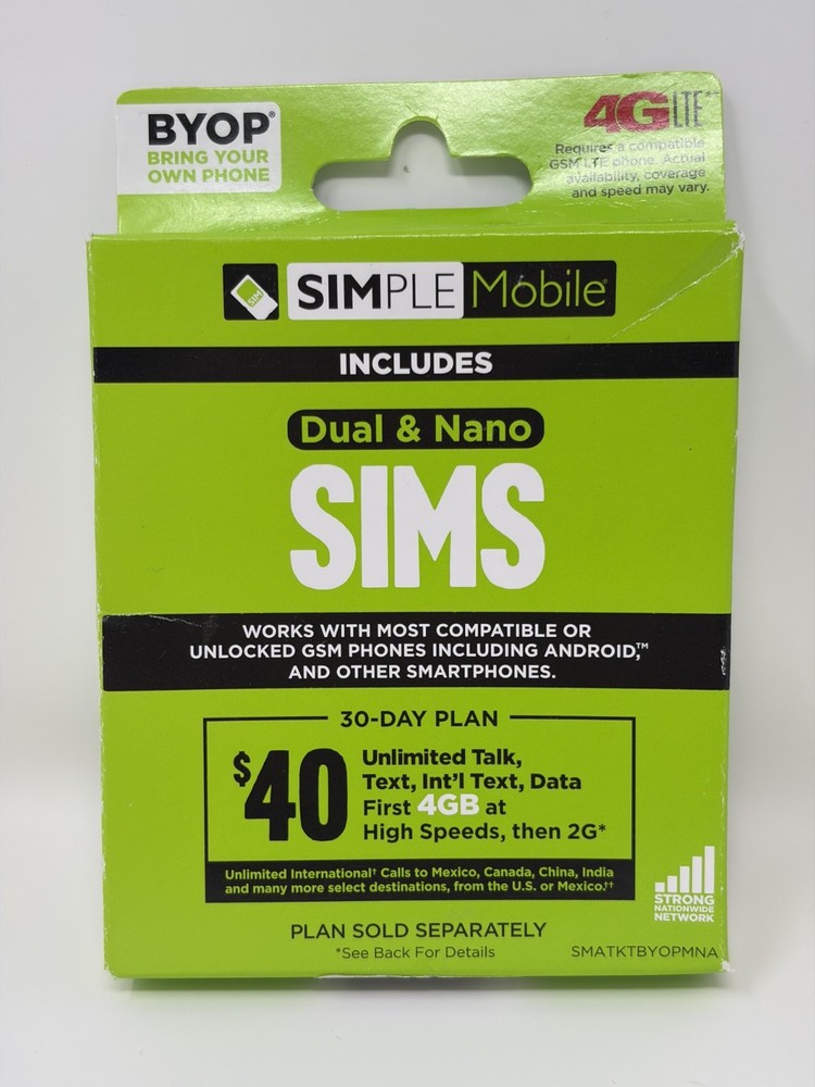 Simple Mobile BYOP SIM Card Kit Prepaid 4G LTE Dual & Nano SIM New Sealed