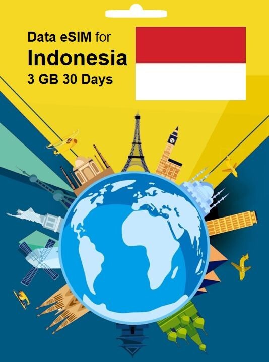 SALE! Indonesia Travel SIM Card DATA eSIM 3GB 30Days QR Code 1 Day Delivery