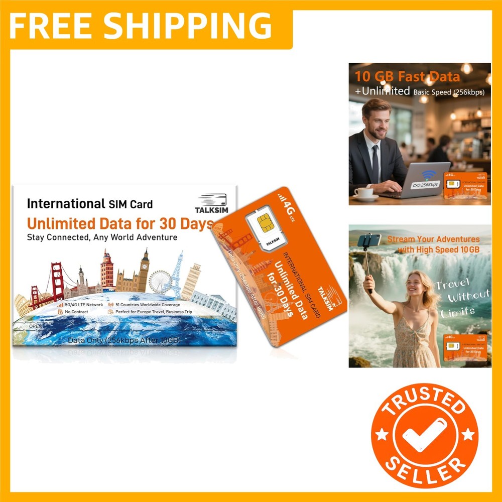 International Unlimited Data SIM Card 30 Days, 5G 4G LTE High Speed 10GB Data…