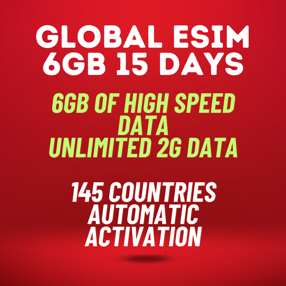 Travel eSIM 145 countries GLOBAL | 15 days 6GB highspeed 4G, Unlimited 2G