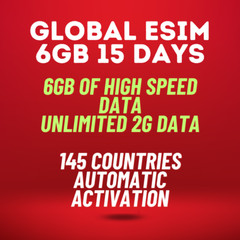 Travel eSIM 145 countries GLOBAL | 15 days 6GB highspeed 4G, Unlimited 2G