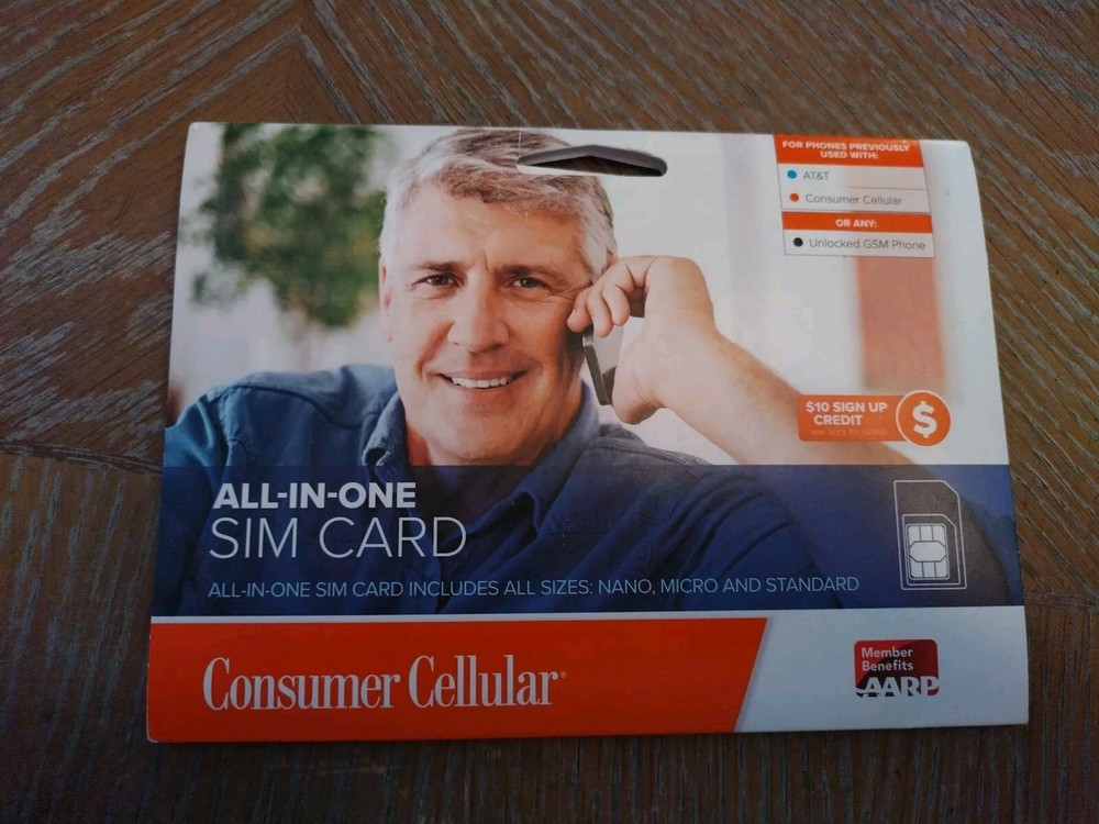 Consumer Cellular All-in-One SIM Card AT&T Network + $10 Credit New Sign In Box