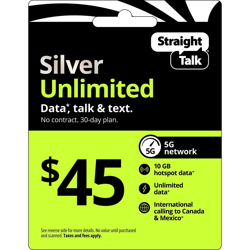 Straight Talk $45 Silver Unlimited 30-Day Prepaid Plan + 10GB Hotspot Data +