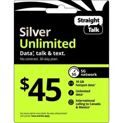 Straight Talk $45 Silver Unlimited 30-Day Prepaid Plan + 10GB Hotspot Data +